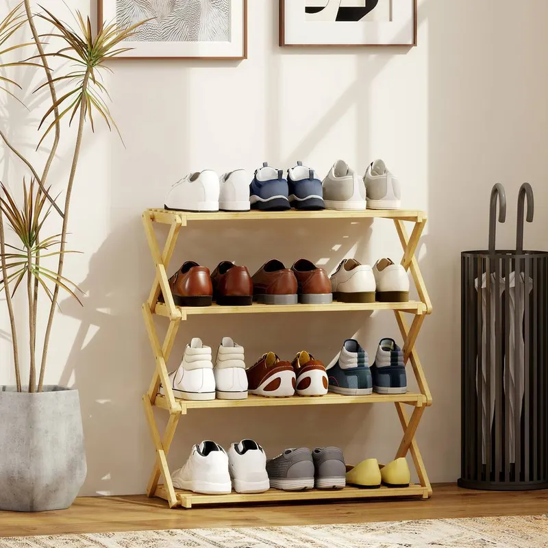 Homcom 4-Tier Bamboo Shoe Rack, Folding Shoe Shelf, Holds up to 12 Pairs