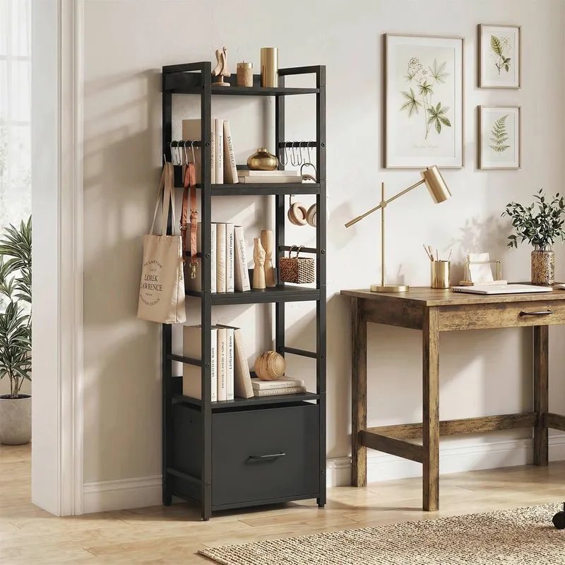 Homcom 4-Tier Bookshelf, Shelving Unit with Drawer, 8 Hooks in Black Black