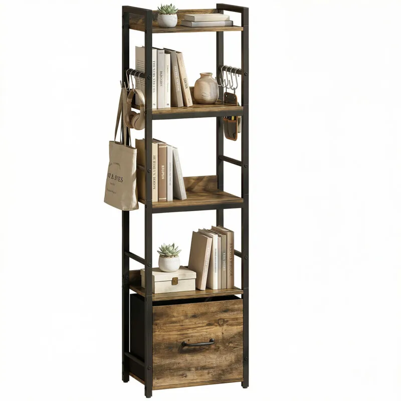 Homcom 4-Tier Bookshelf, Shelving Unit with Drawer, 8 Hooks in Brown Brown