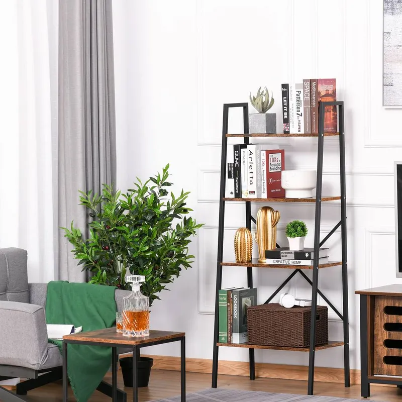 Homcom 4-Tier Minimalistic Ladder Shelf Unit Steel Frame Home Display Storage in Brown Brown