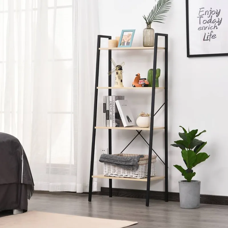 4-Tier Minimalistic Ladder Shelf Unit Steel Frame Home Display Storage Natural - Homcom