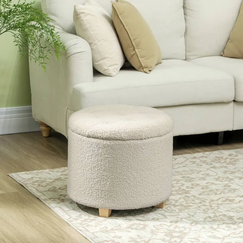Homcom 45cm Round Ottoman with Storage, Lid, Cashmere Footstool, Cream White - Cream