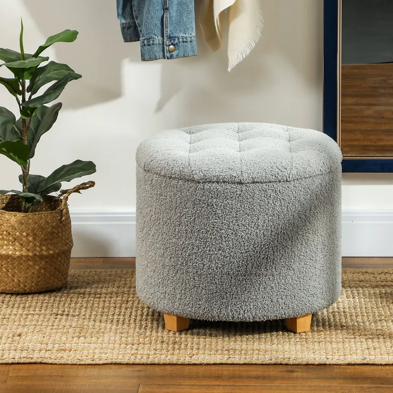 Homcom 45cm Round Ottoman with Storage, Lid, Cashmere Footstool in Grey Grey