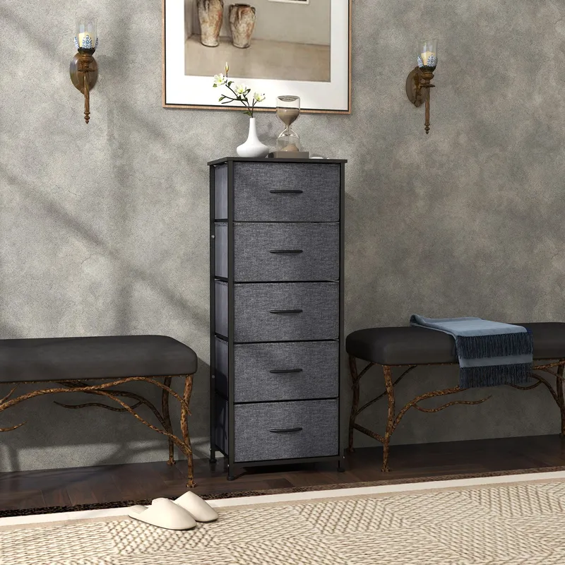 Homcom 5 Drawer Fabric Chest of Drawers w/ Wooden Top, Dark Grey Dark Grey