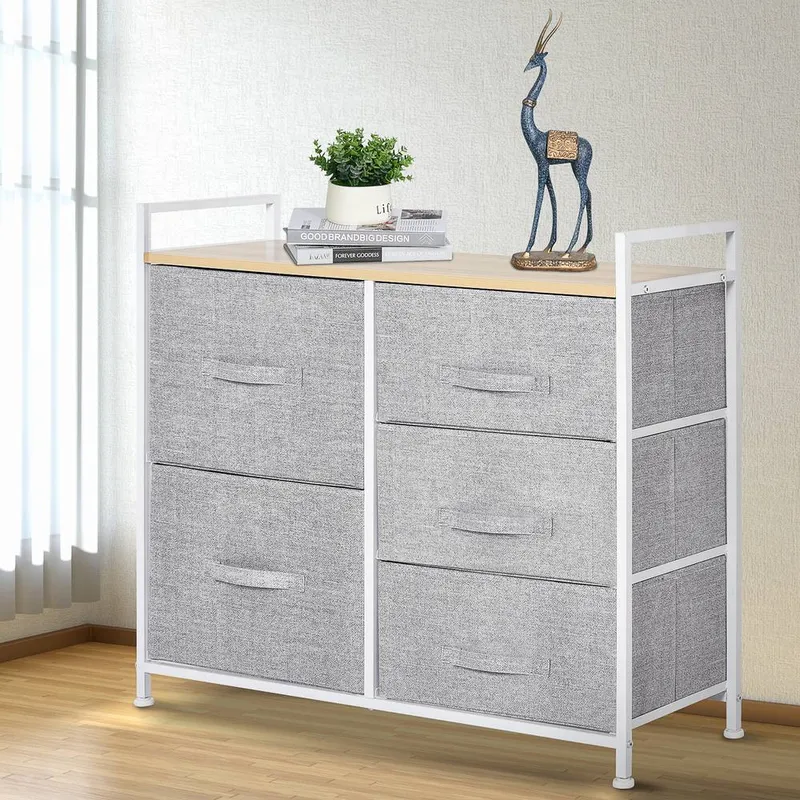 Homcom 5 Drawer Linen Basket Storage Unit Organisation with Shelf in Grey - Grey