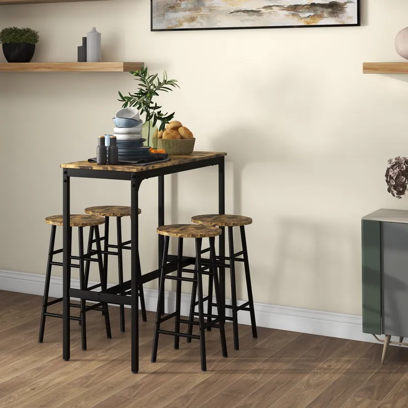 Homcom - 5 Piece Bar Set, Industrial Kitchen and Chair Set Rustic Brown