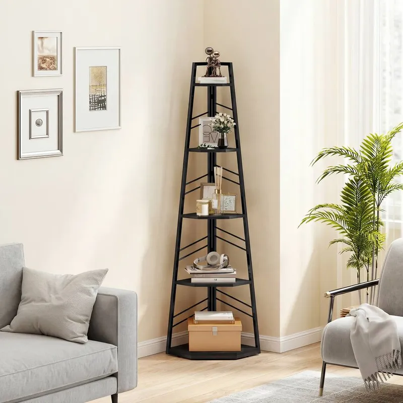 Homcom 5-Tier Corner Bookcase, Floor Standing Shelving Unit in Black - Black