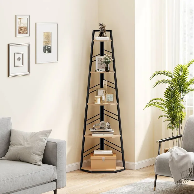 Homcom 5-Tier Corner Bookcase, Floor Standing Shelving Unit in Brown Brown