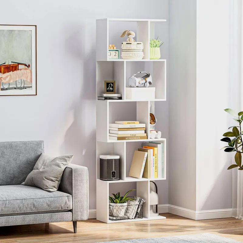 Homcom 5-tier Display Shelving Storage Bookcase S Shape Bookshelf, White - White