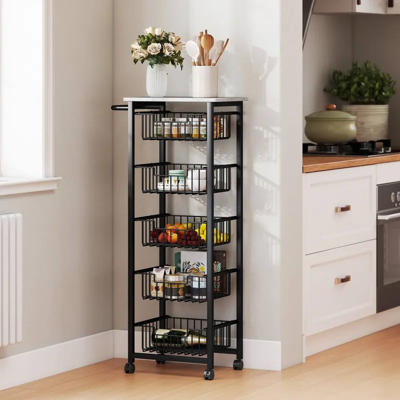 Homcom 5-Tier Kitchen Island on Wheels with 5 Pull-Out Baskets, Light Grey Light Grey