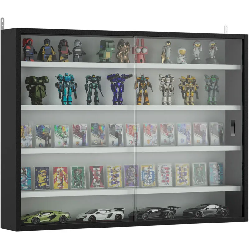Homcom 5-Tier Wall Display Shelf Cabinet with Glass Doors, Black and White