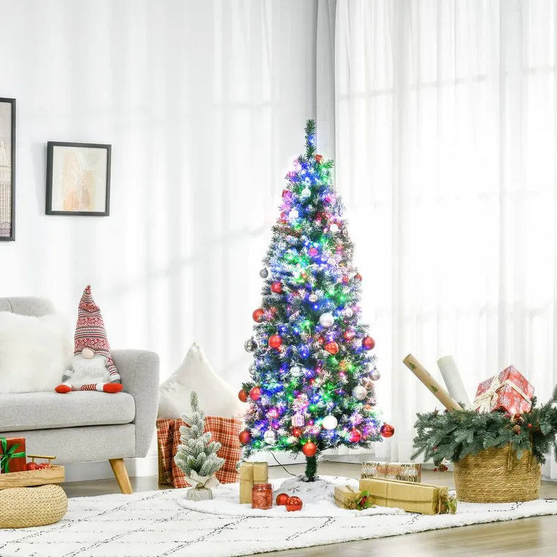 Homcom 5FT Prelit Pencil Artificial Christmas Tree 408 Tips Colourful LED in Green - Green
