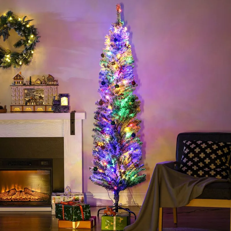 HOMCOM 6' Artificial Christmas Tree with Flocked Tips, LED Lights, Decoration   Size: 6ft - Multicolor - Size: 6ft