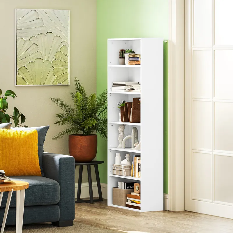Homcom 6 Tier Bookshelf, Freestanding Bookcase with Adjustable Shelves, White White