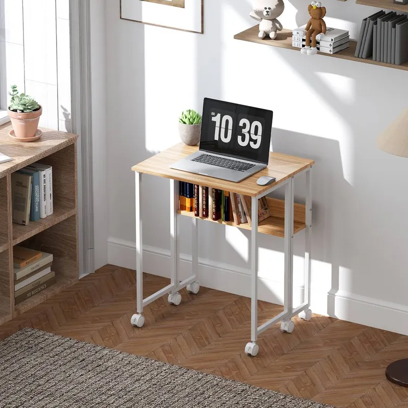 Homcom 63 cm Foldable Computer Desk on Wheels for Small Spaces Natural - Natural - Size: S