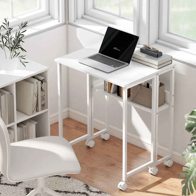 Homcom 63 cm Foldable Computer Desk on Wheels for Small Spaces White White Small