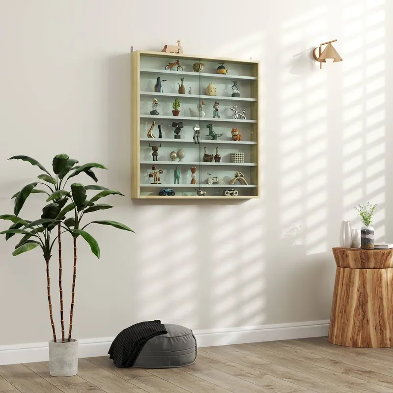 Homcom - 7-Tier Wall Display Cabinet with Shelves and Glass Doors, Oak