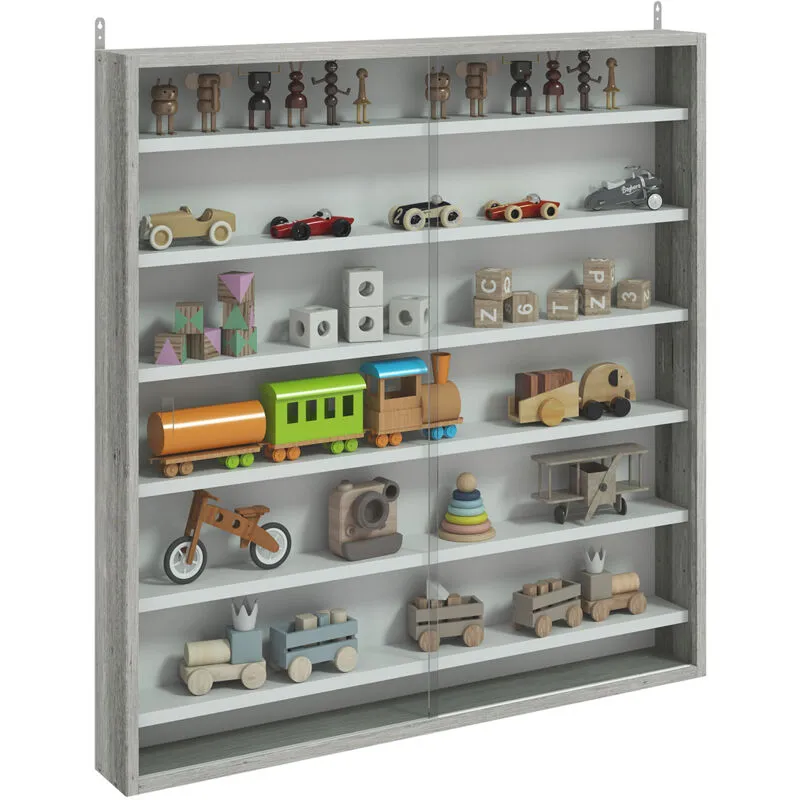 Homcom - 7-Tier Wall Display Cabinet w/ Glass Doors, Graphite Wood Effect