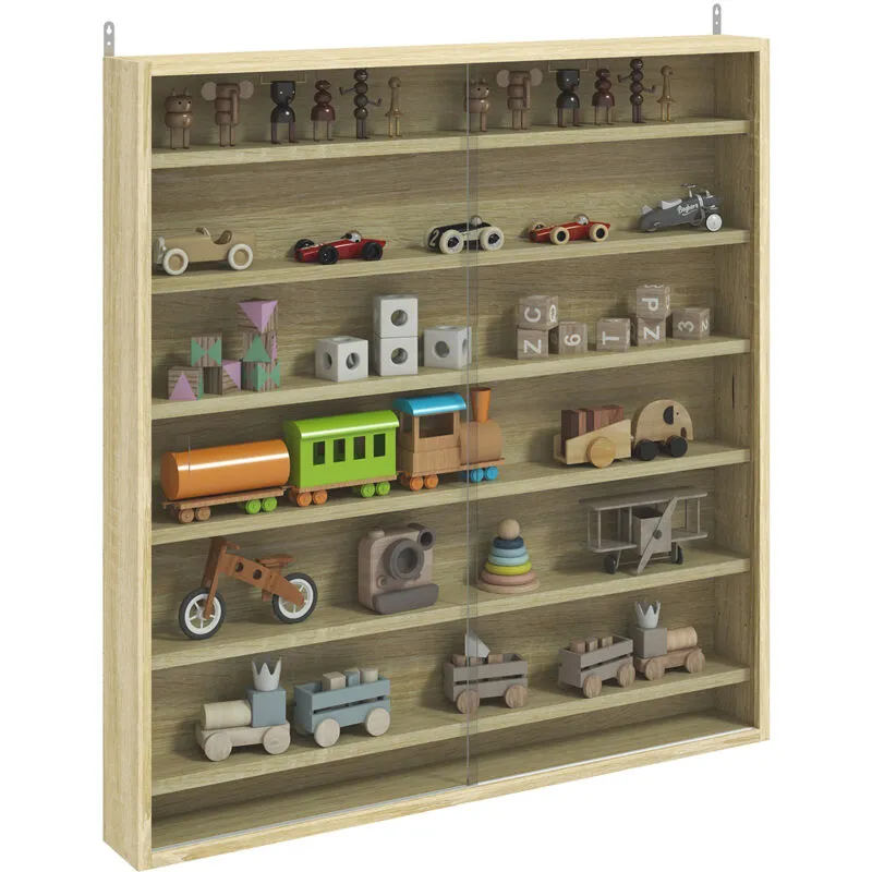 Homcom - 7-Tier Wall Display Cabinet w/ Shelves Glass Doors, Oak