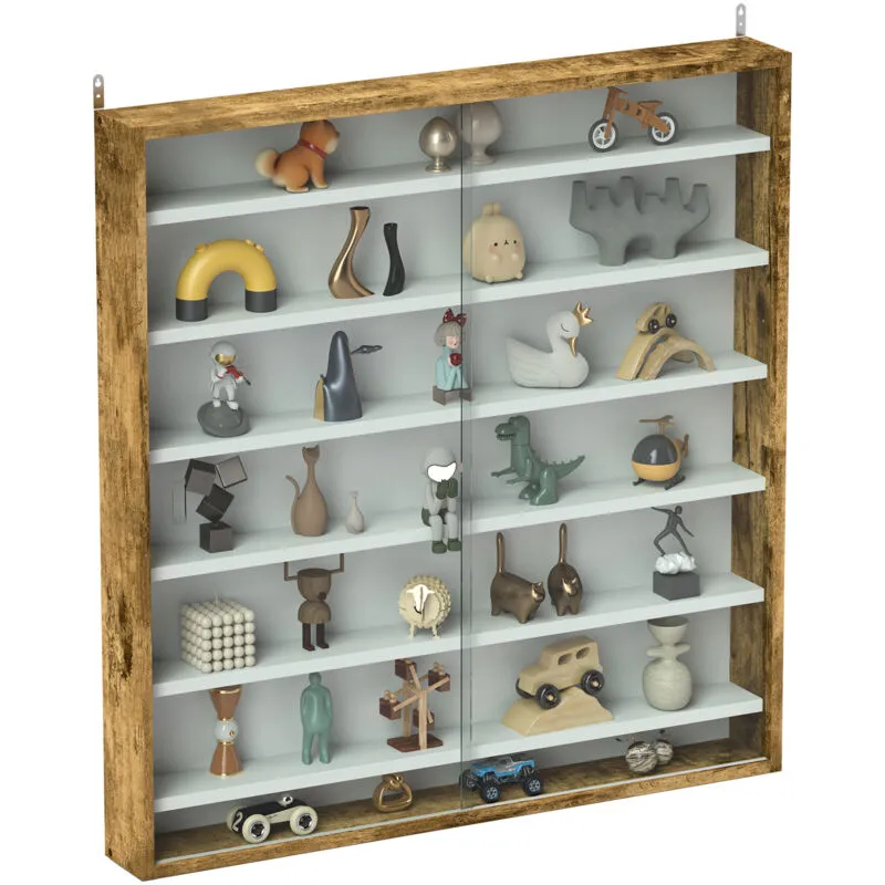 Homcom 7-Tier Wall Display Cabinet w/ Shelves Glass Doors, Rustic Brown