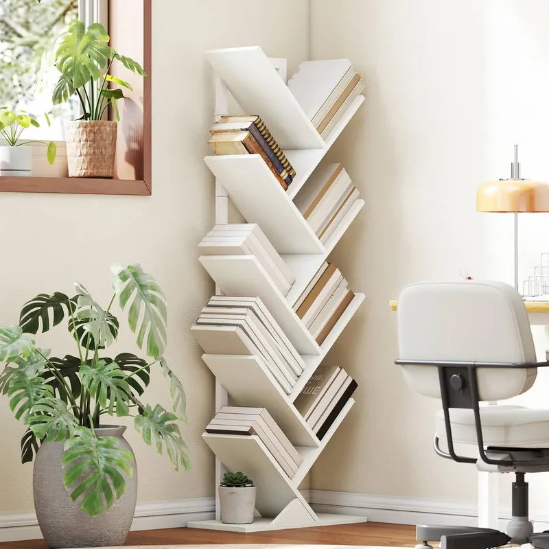 Homcom 9-Tier Tree Bookshelf with Steel Frame for Living Room, White - White - Size: One Size