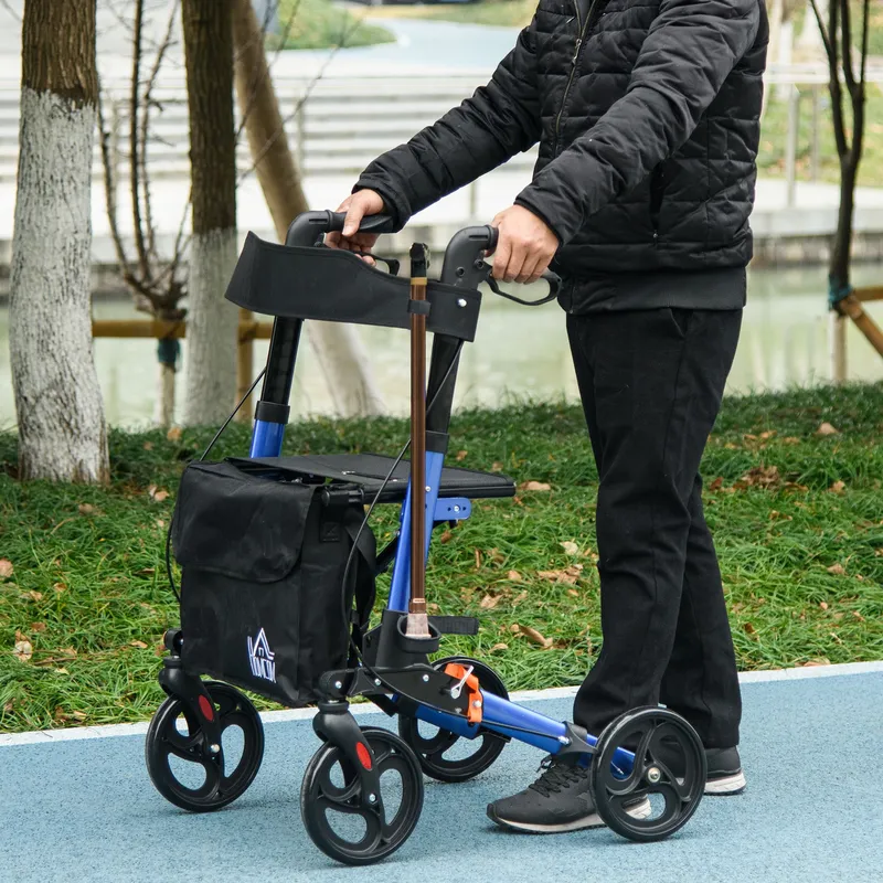 Homcom Adjustable 4 Wheel Rollator w/ Seat Bag Folding Mobility Walker in Blue Blue