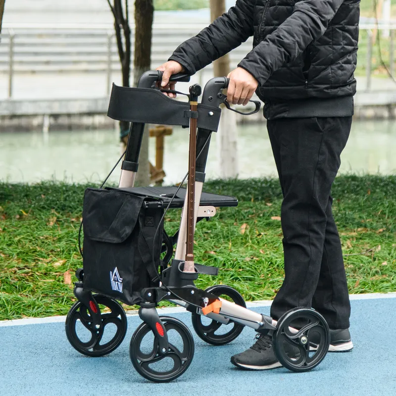 Homcom Adjustable 4 Wheel Rollator w/ Seat Bag Folding Mobility Walker in Gold Gold