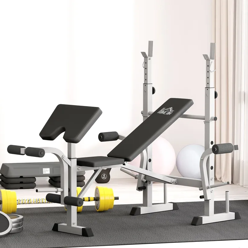Homcom Adjustable Weight Bench with Squat Rack, Leg Developer, Grey Grey