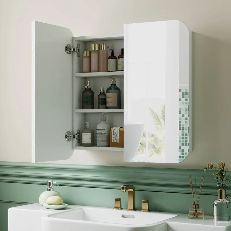 Homcom Arched Bathroom Mirror Cabinet, Wall Mounted Mirrored Cabinet in White - White