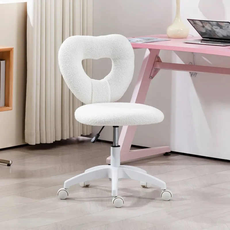 Homcom Armless Heart Desk Chair, Makeup Vanity Chair for Home, White White