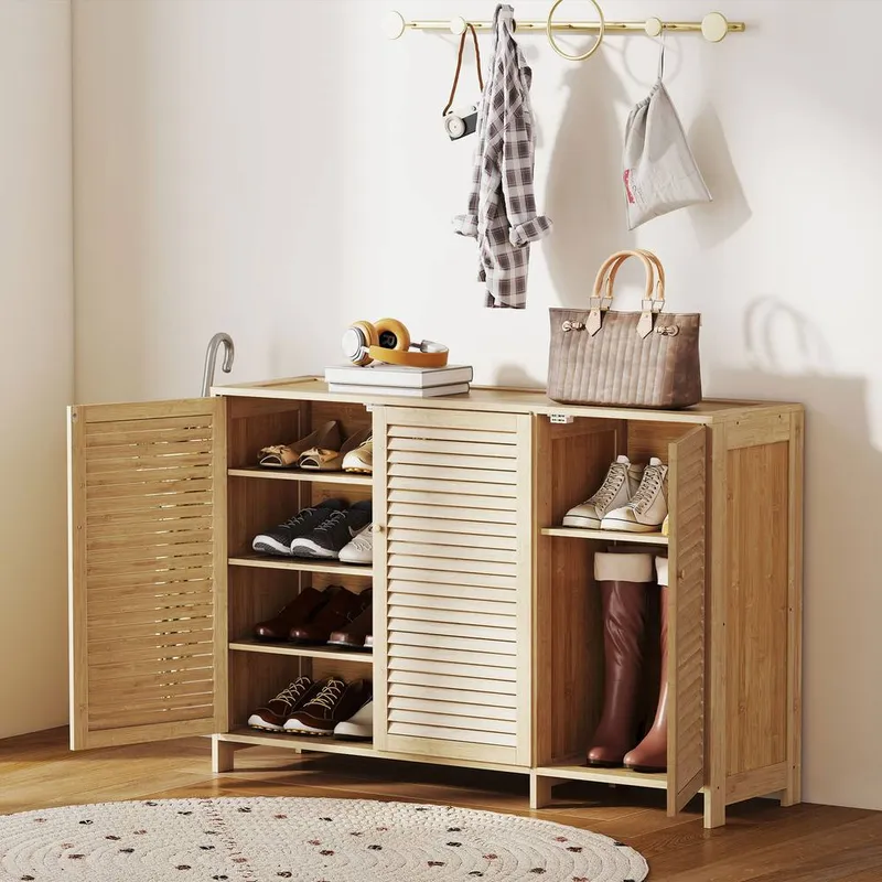 Homcom Bamboo Shoe Cabinet with Louvered Doors 18 Pairs Shoe Storage Cabinet