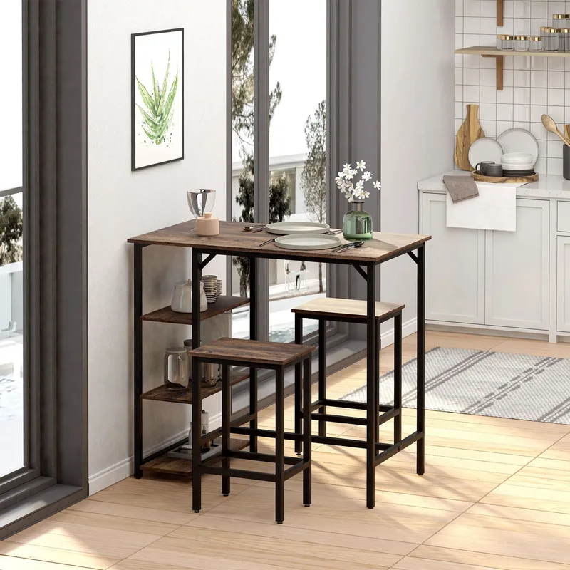 Homcom - Industrial Bar Height Dining Table Set 3 Pieces Bar Set with Shelf