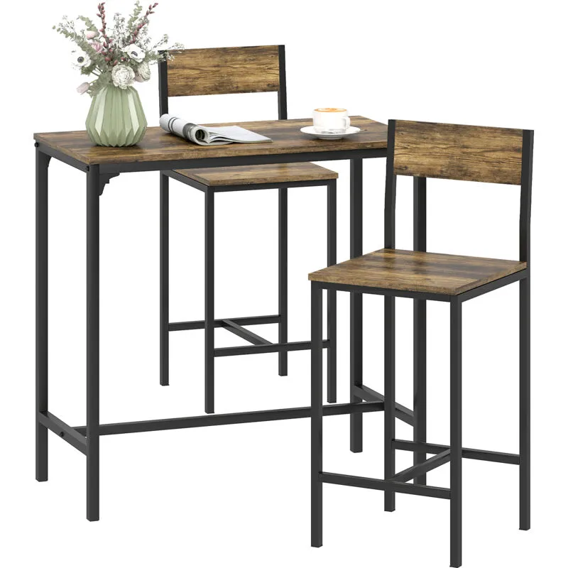 Homcom 3-Piece Bar Table Set with 2 Stools, Footrest in Dark Brown Dark Brown