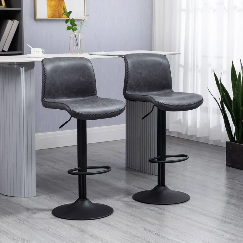 Homcom Barstools Set of 2 PU Leather Adjustable Height in Dark Grey Dark Grey