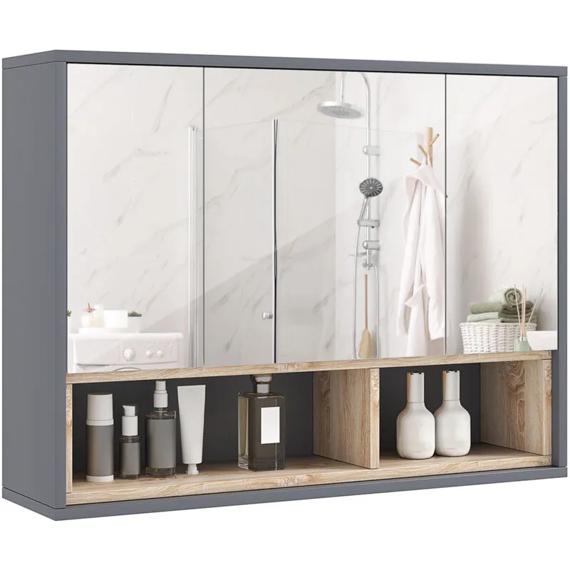 Homcom - Bathroom Cabinet Wall Mounted Mirror Storage with Shelves Grey