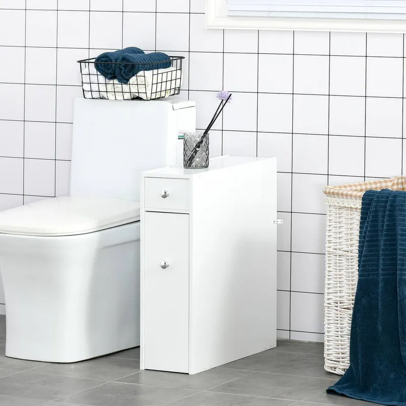 Homcom Bathroom Slim Floor Cabinet Narrow Wooden Storage Bath Toilet Cupboard in White - White
