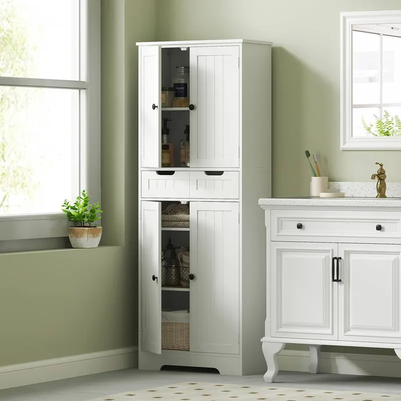 Homcom Bathroom Tall Cabinet with Drawer, Shelves & Doors, White White