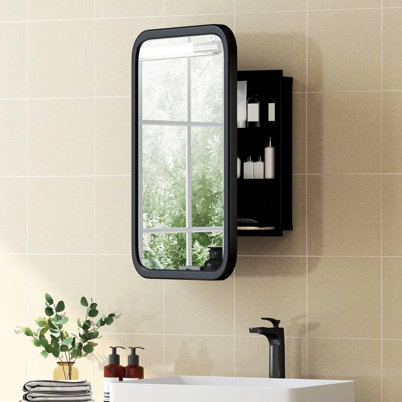 Homcom Bathroom Wall Cabinet with Mirror Black - Black
