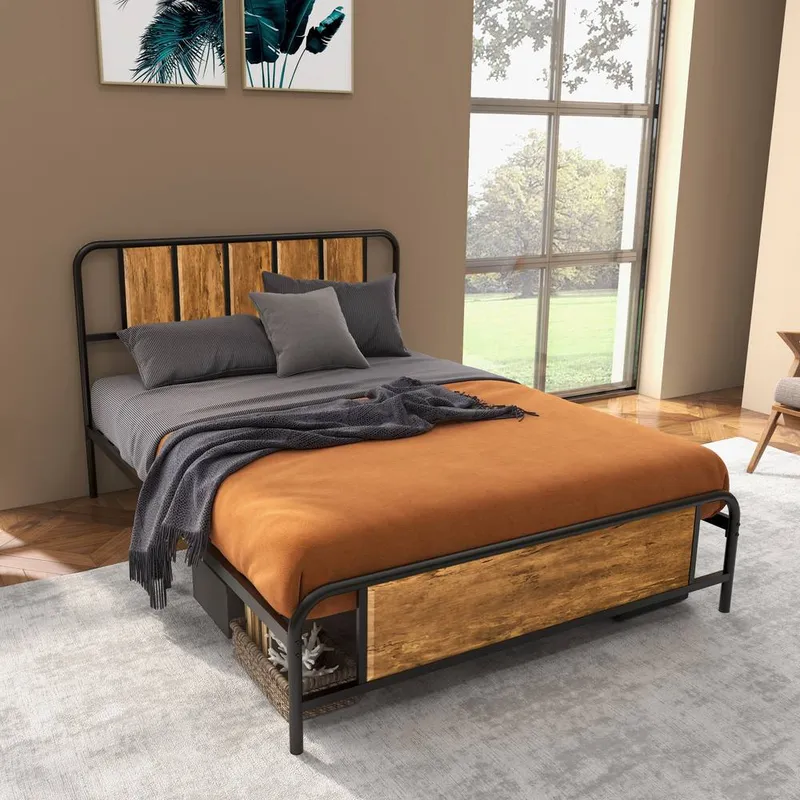 Homcom Bed Frame Steel Bed Base with Headboard Rustic Brown Size: King - Brown