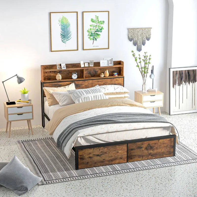 Homcom Bed Frame with Storage Headboard & Under Bed Storage in Brown Size: King - Brown - Size: King