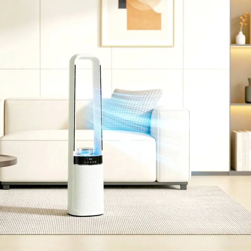 Homcom Bladeless Tower Fan with Oscillating, LED Lights, 3 Speeds, White White