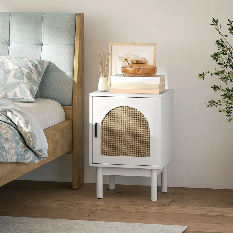 Homcom Boho Bedside Table with Rattan Door & Adjustable Shelf in White White
