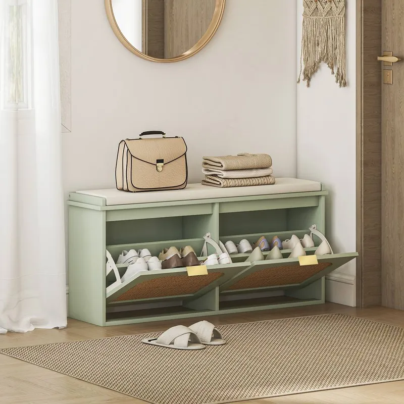 Homcom - Boho Shoe Bench with Padded Seat and 2 Flip-Drawers, Light Green