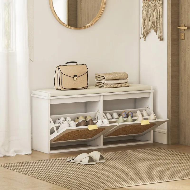 Homcom Boho Shoe Bench with Padded Seat & 2 Flip-Drawers in White - White