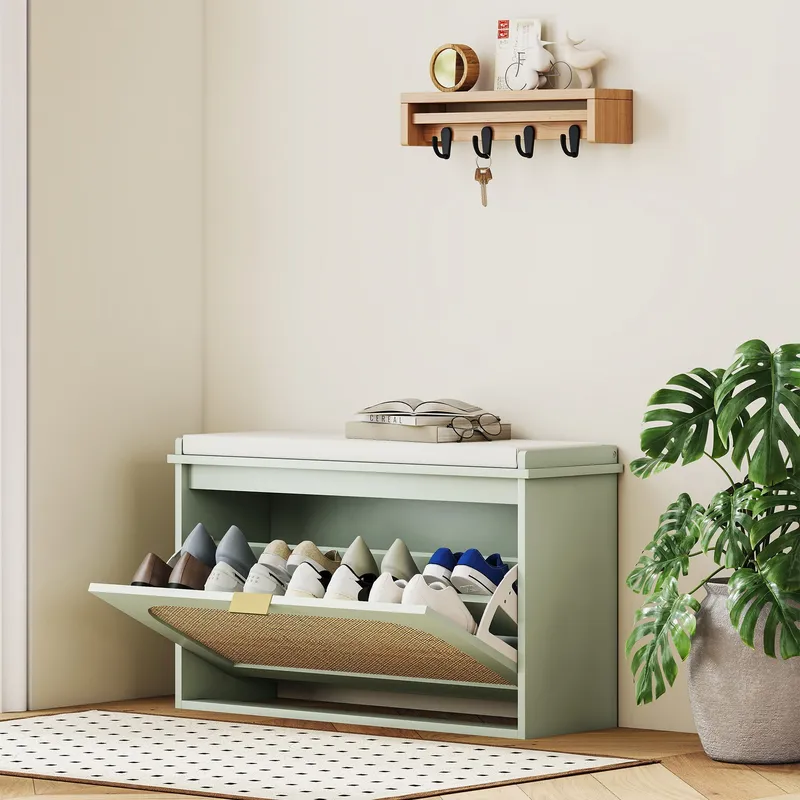 Homcom Boho Shoe Bench with Padded Seat & Flip-Drawer in Light Green Light Green