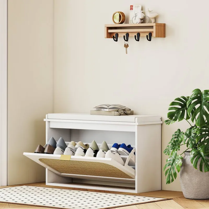 Homcom Boho Shoe Bench with Padded Seat & Flip-Drawer in White - White