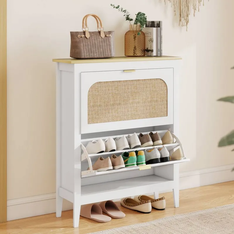 Homcom Boho Slim Shoe Cabinet with Rattan Doors, Holds 14 Pairs, White White