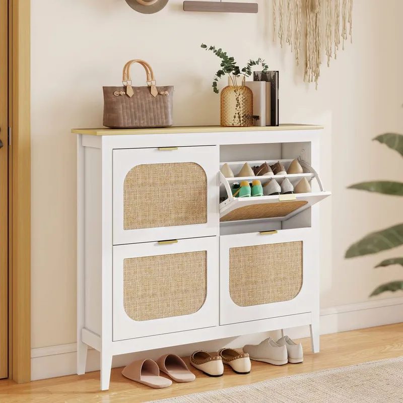 Homcom Boho Slim Shoe Cabinet with Rattan Doors, Holds 20 Pairs, White