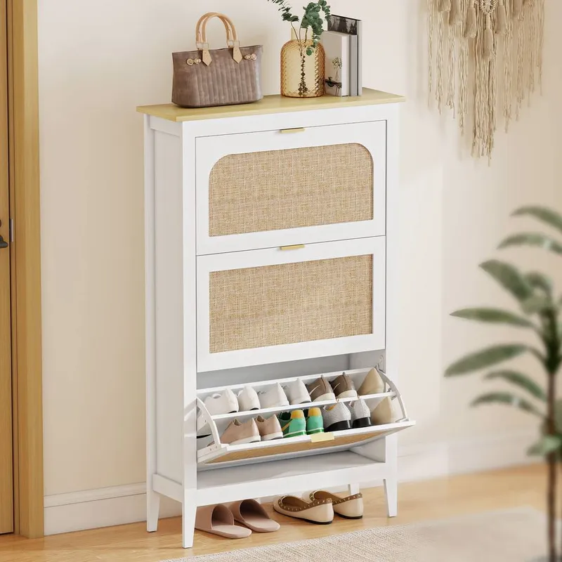 Homcom Boho Slim Shoe Cabinet with Rattan Doors, Holds 21 Pairs, White - White - Size: One Size