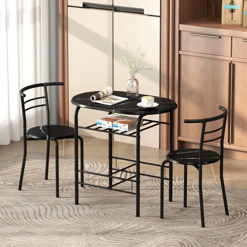 Homcom Breakfast Bar Table & Stools Set, Dining Room Set with Shelf in Black Black